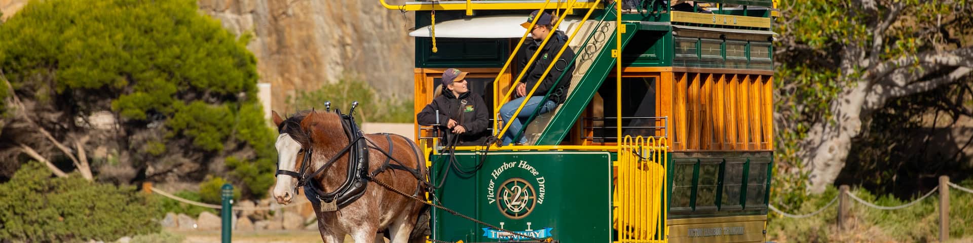 Victor Harbor Horse Drawn Tram showing railway items, land animals and heritage elements
