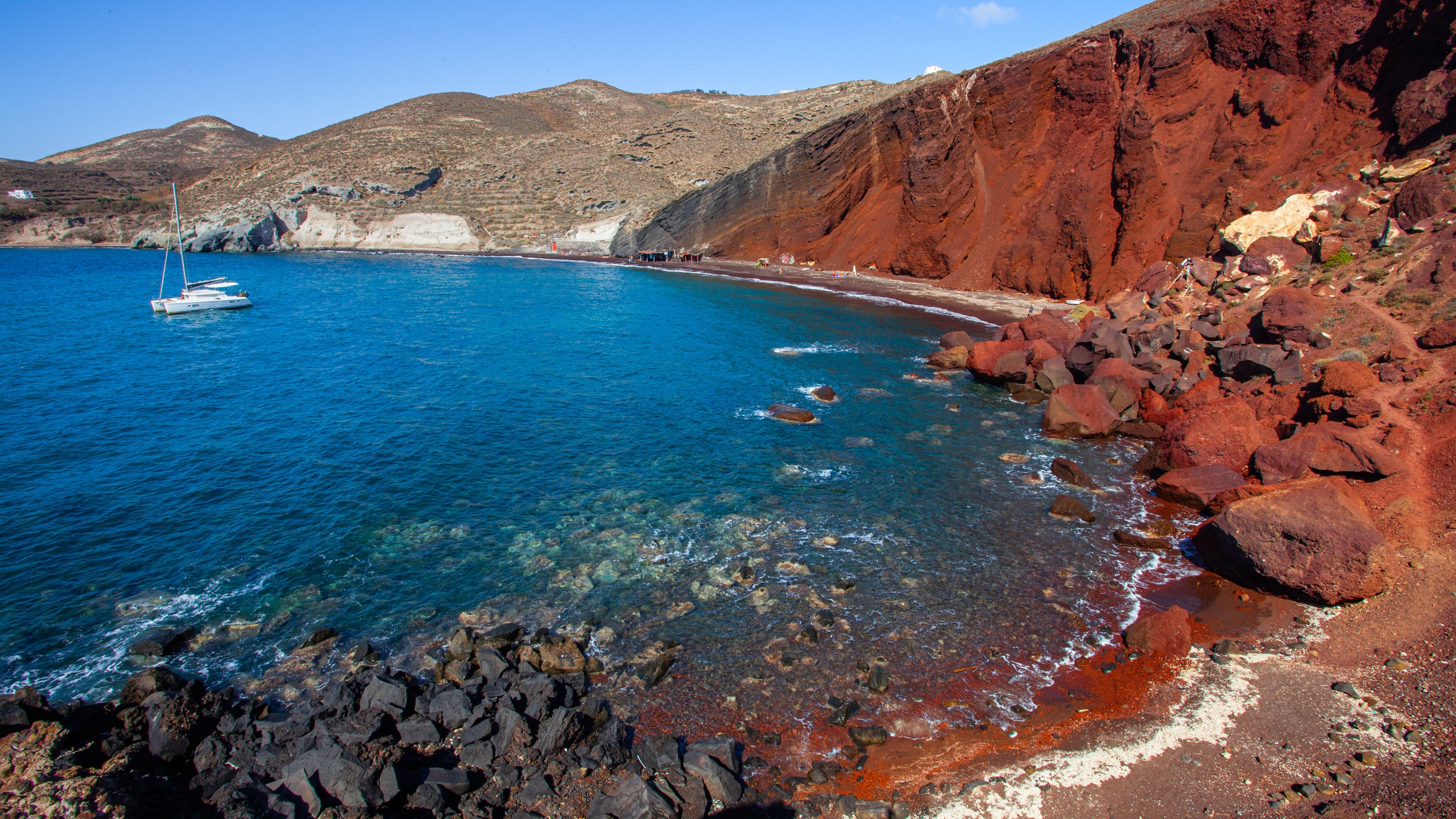 Red Beach showing rugged coastline and general coastal views