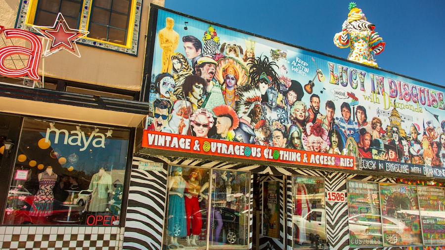 Colorful storefronts and vibrant atmosphere on South Congress Avenue in Austin, Texas.
