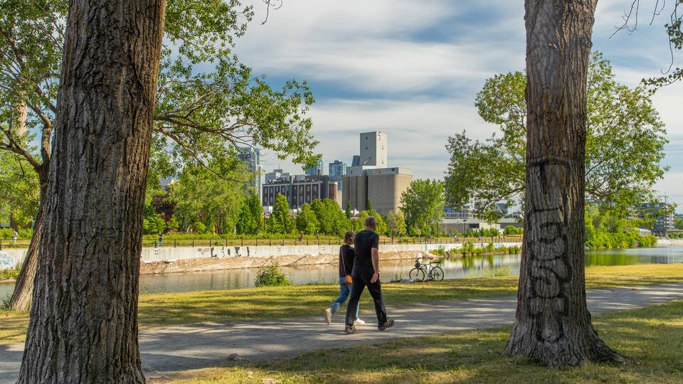 Lachine Canal National Historic Site which includes a garden and a river or creek as well as a couple