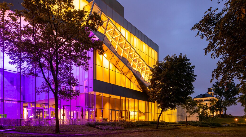 Quebec National Museum of Fine Arts which includes night scenes and modern architecture
