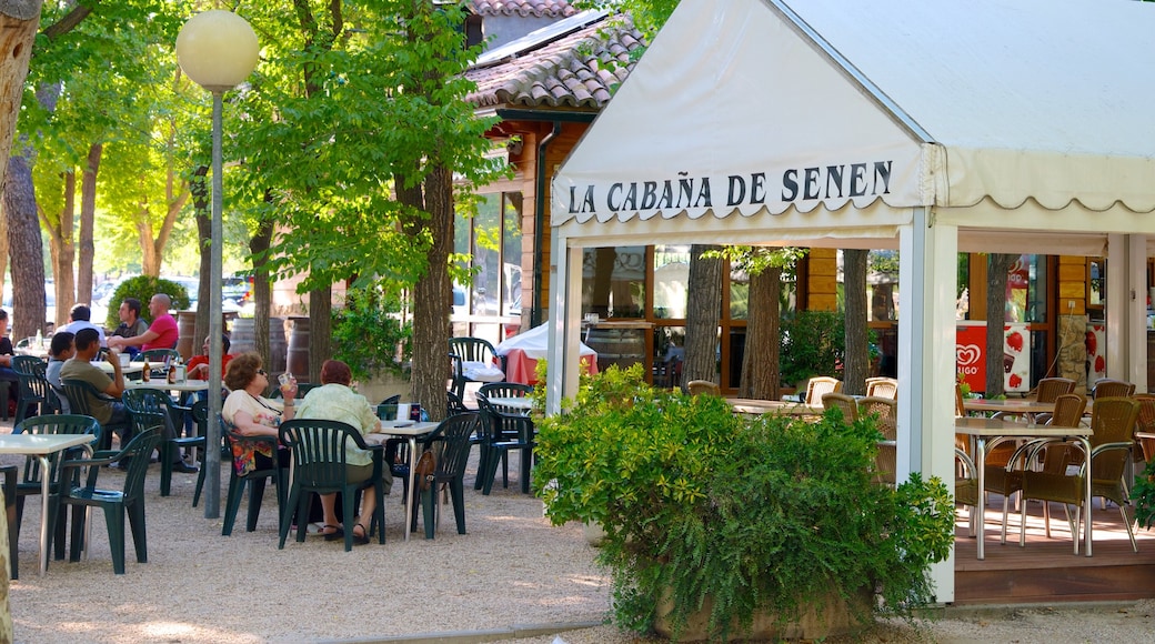 Madrid showing signage, outdoor eating and a bar