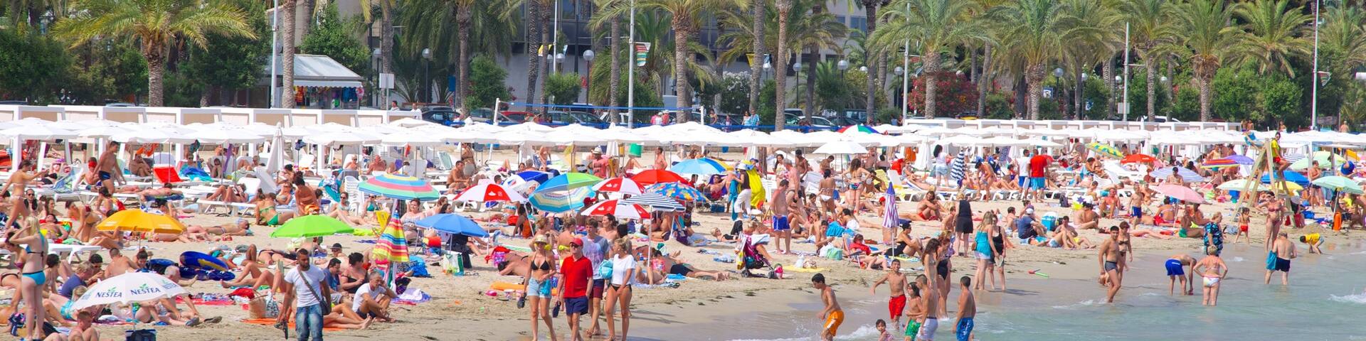 Postiguet Beach mit einem Schwimmen, Sandstrand und tropische Szenerien