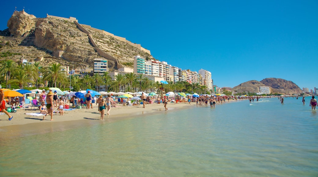 Postiguet Beach showing a coastal town, a sandy beach and swimming