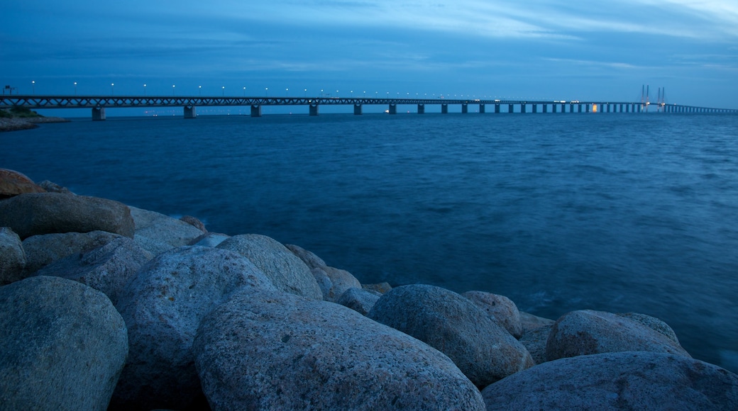 Oresund Bridge showing rocky coastline, night scenes and a bridge