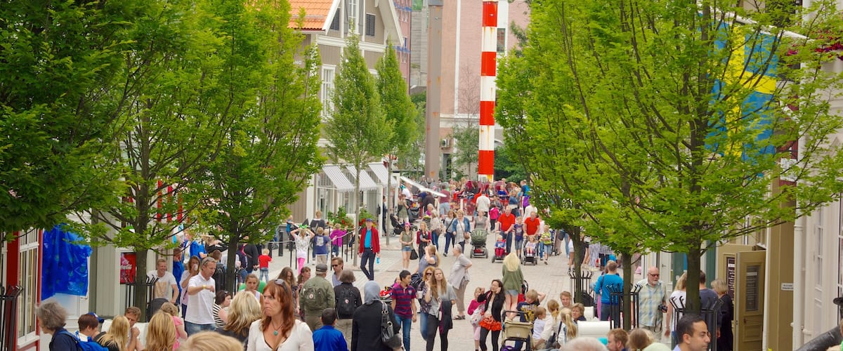 Liseberg Amusement Park which includes a city and street scenes as well as a large group of people