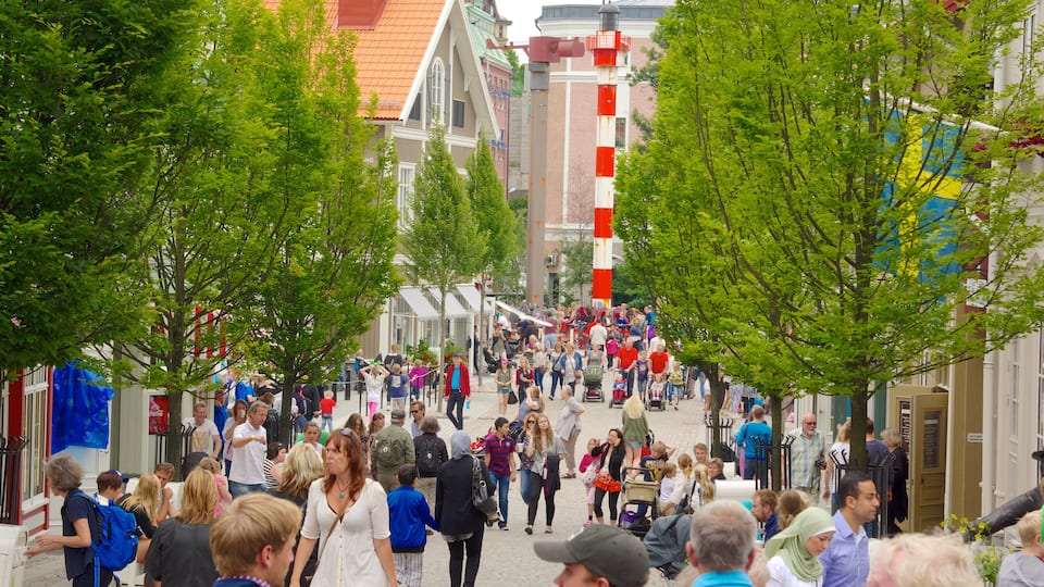 Parco divertimenti di Liseberg mostrando città e strade cosi come un grande gruppo di persone