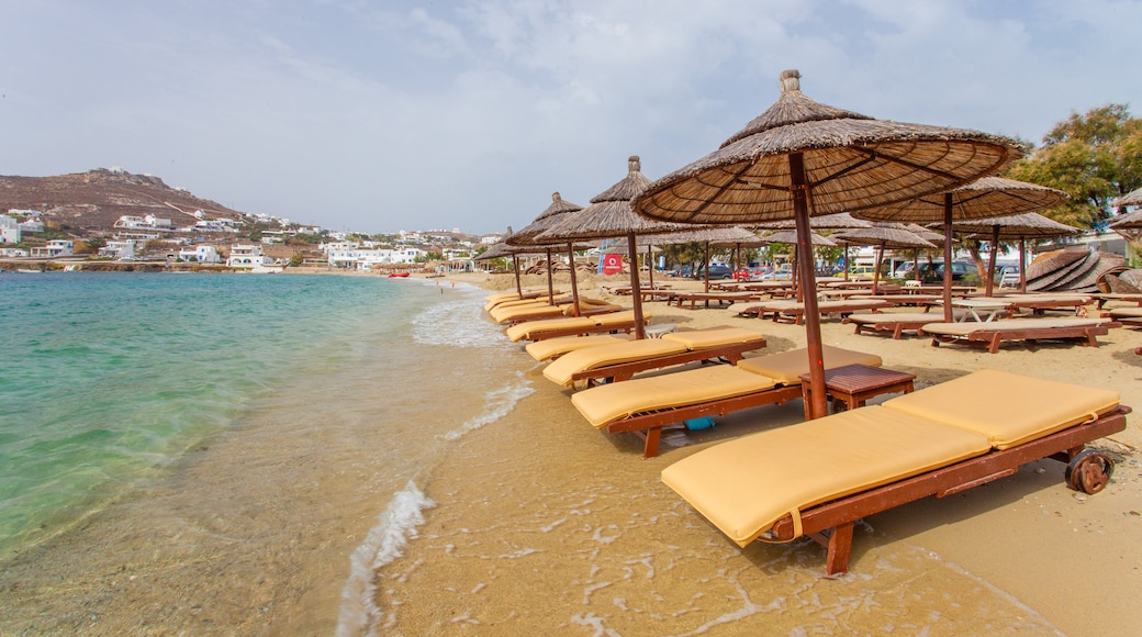 Mykonos Island which includes a sandy beach and a coastal town