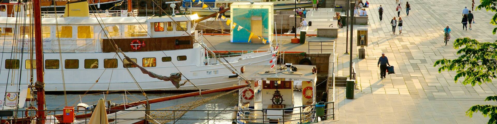 Akershus Fortress which includes a marina and a square or plaza
