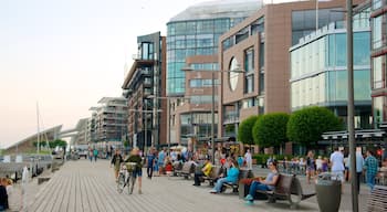 Aker Brygge which includes a coastal town and modern architecture as well as a large group of people