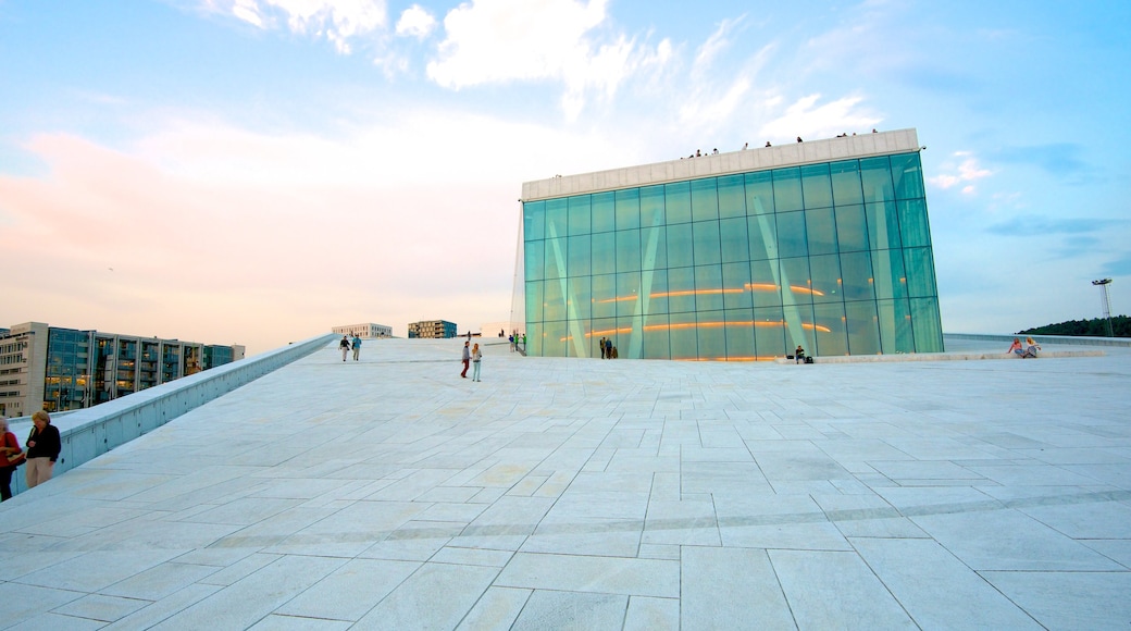 Oslo Opera House which includes modern architecture and theatre scenes