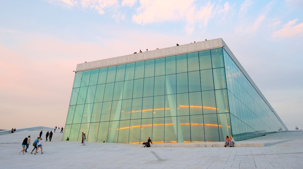 Oslo Opera House showing a city and theatre scenes