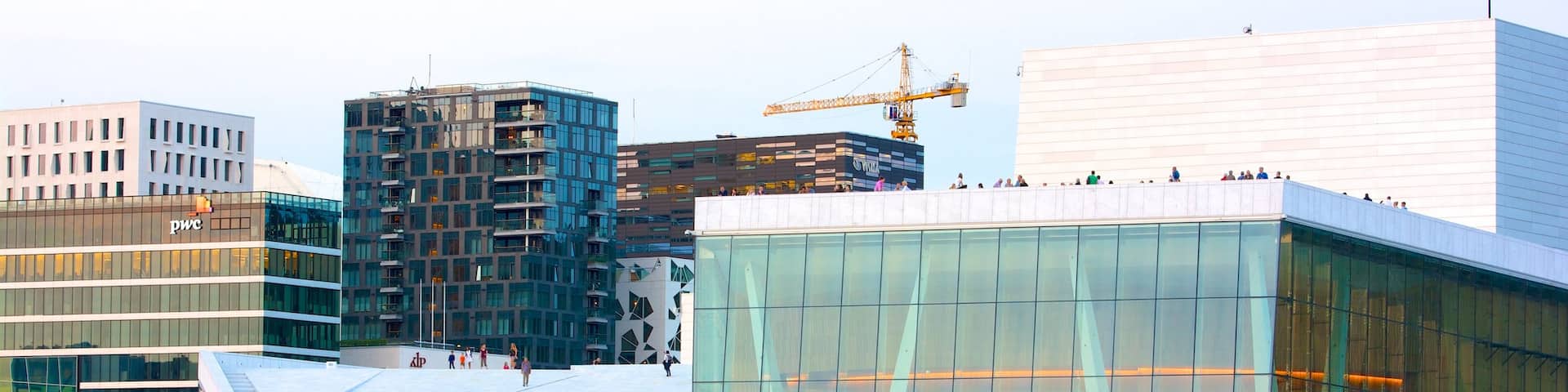 Oslo Opera House showing modern architecture, a city and theater scenes
