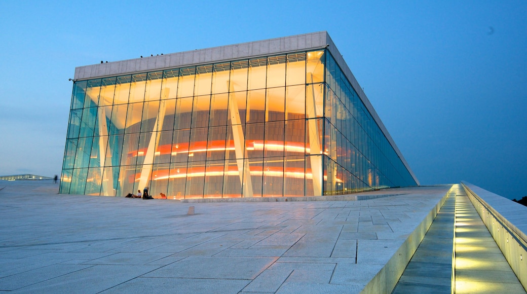 Oslo Opera House featuring modern architecture, night scenes and theatre scenes