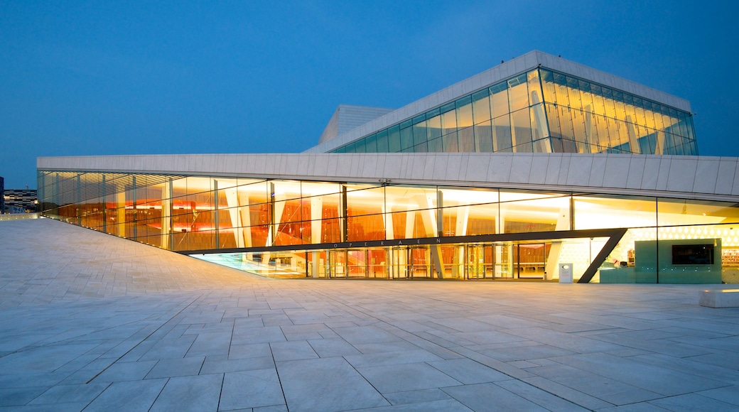 Oslo Opera House showing modern architecture, night scenes and theater scenes