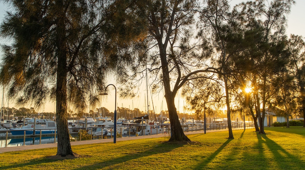 Callemondah showing a garden, a sunset and a bay or harbor