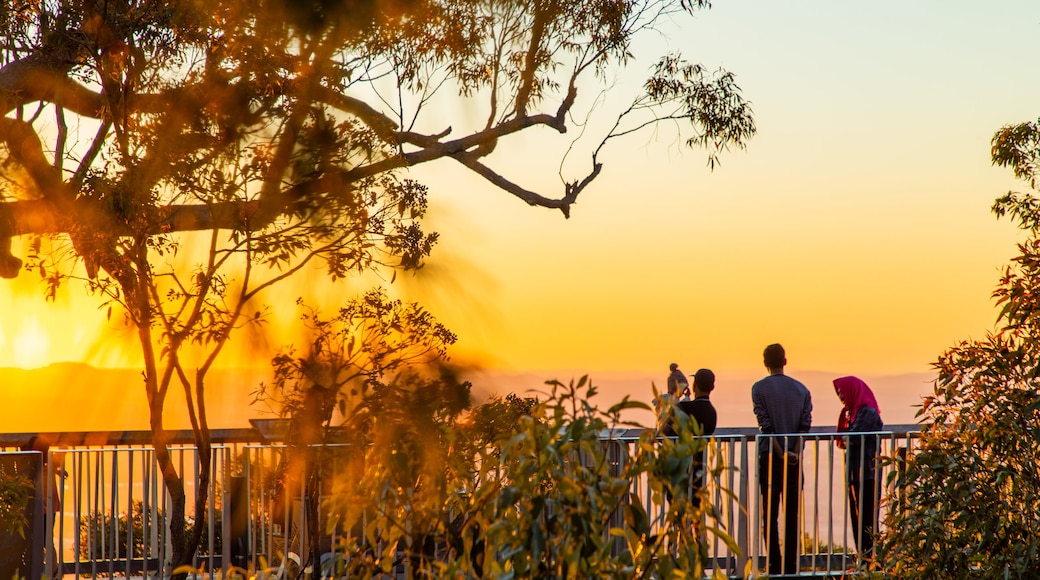 Mt Archer showing a sunset and views as well as a small group of people