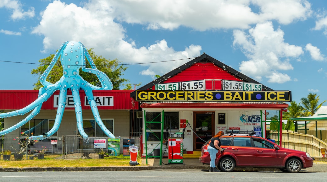 Babinda featuring signage and a small town or village as well as an individual femail