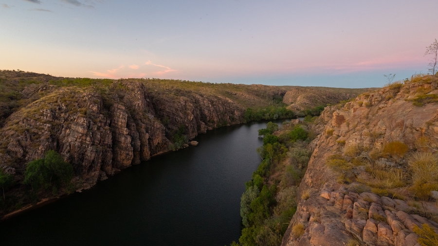 Katherine Gorge showing landscape views, a sunset and a river or creek
