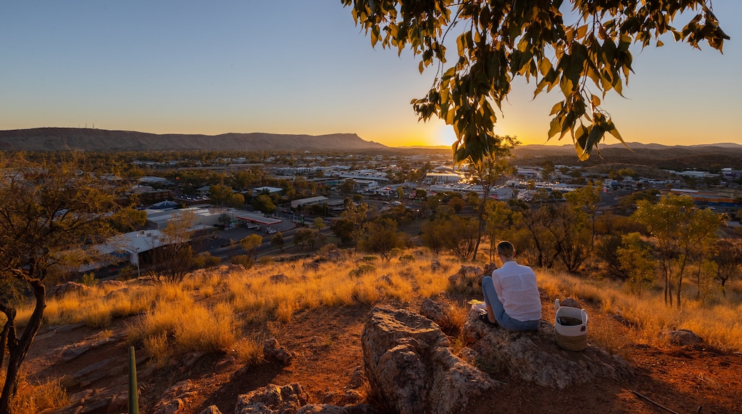 Anzac Hill showing landscape views, a small town or village and a sunset