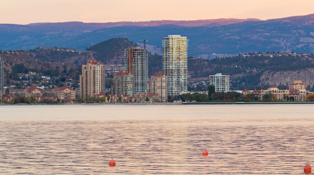 Okanagan Lake which includes general coastal views and a coastal town