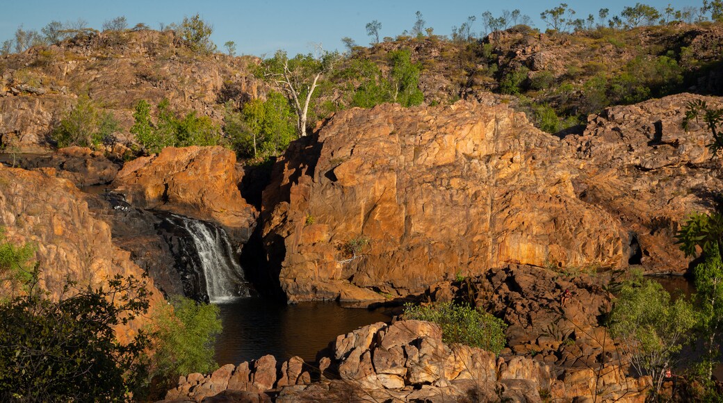 Edith Falls featuring a gorge or canyon, a river or creek and a waterfall