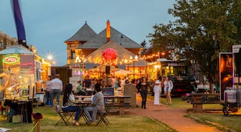 Whyte ave featuring markets, outdoor eating and night scenes