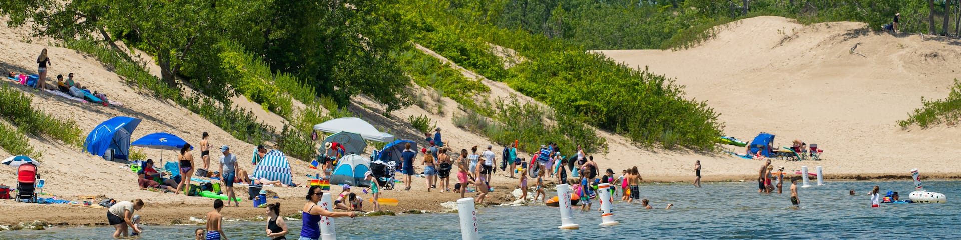 Sandbanks Provincial Park showing a beach, swimming and general coastal views