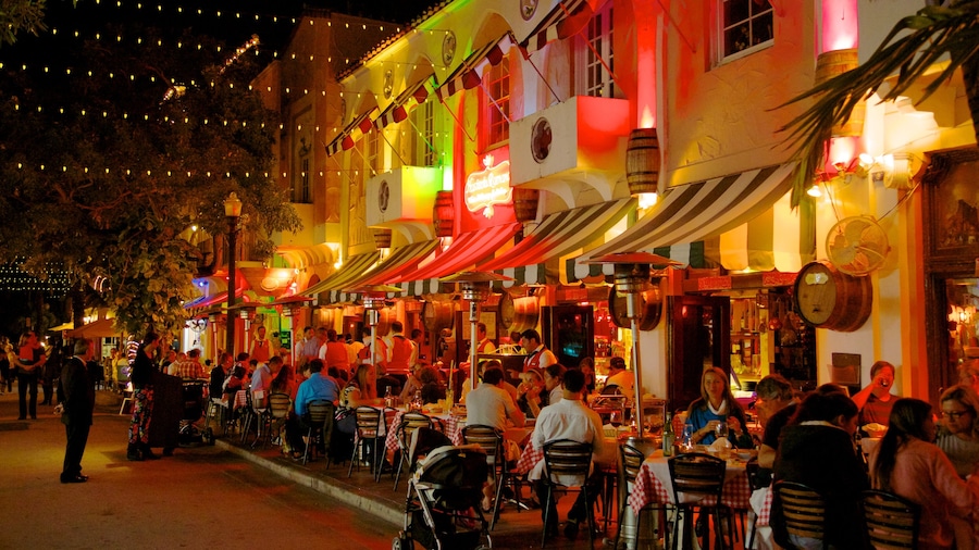 Espanola Way and Washington Avenue featuring night scenes, outdoor eating and nightlife