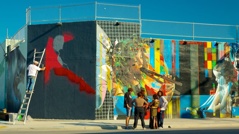 Distrito de arte Wynwood mostrando arte al aire libre y también un grupo pequeño de personas