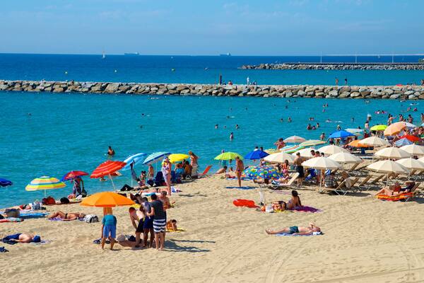 Barcelone qui includes plage de sable et baignade aussi bien que important groupe de personnes