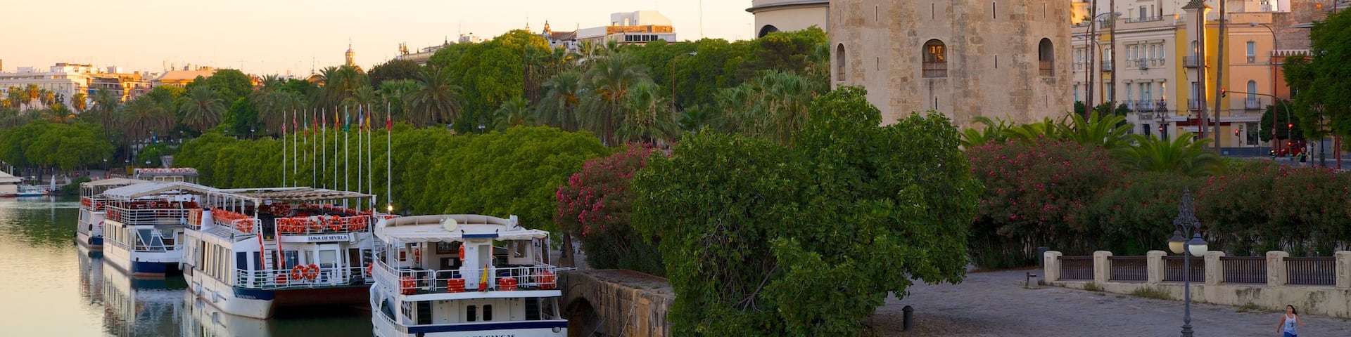 Torre del Oro Watchtower featuring military items, a river or creek and heritage architecture