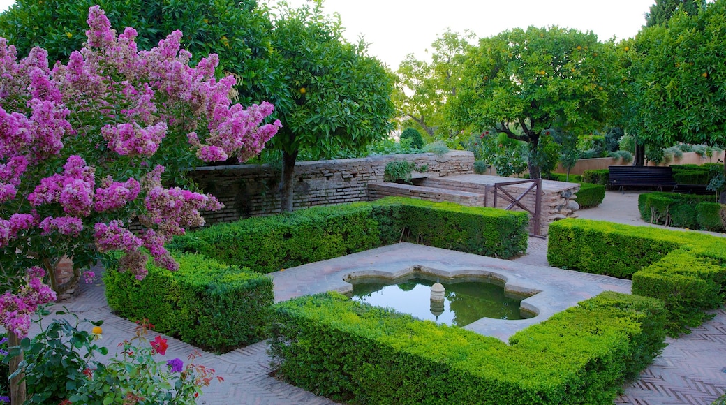 Palacio del Generalife que incluye palacio, flores y una fuente