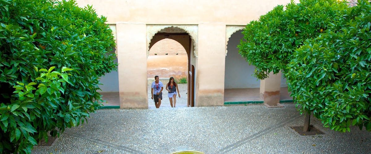 Generalife som viser et springvand, slot eller palads og en plads eller et torv