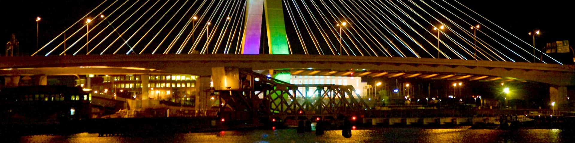 Zakim Bunker Hill Bridge showing night scenes, a suspension bridge or treetop walkway and a marina