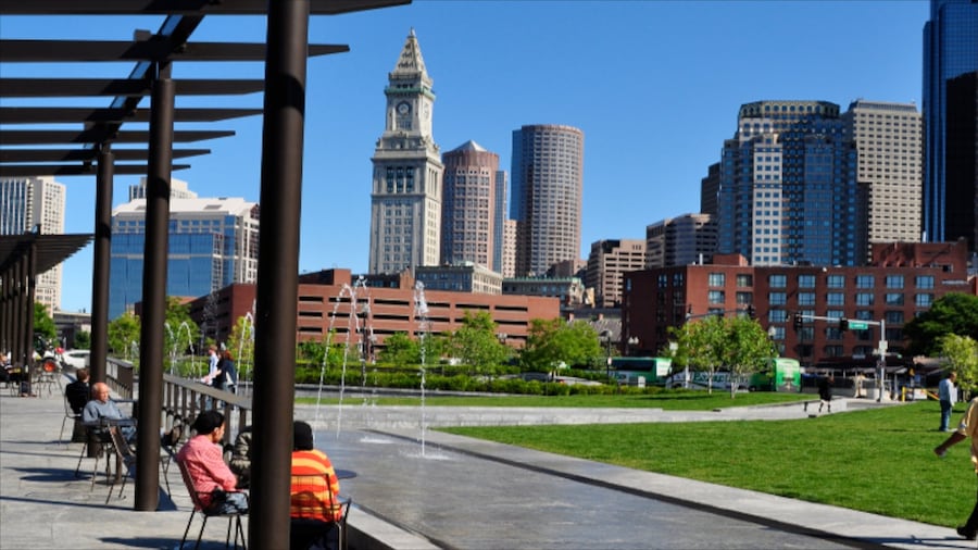 Urban park with gardens and fountains at Rose Kennedy Greenway in Boston.