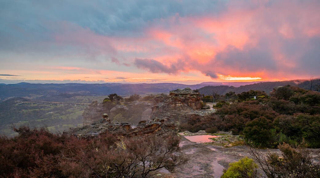 Hassans Wall Lookout featuring a gorge or canyon, landscape views and a sunset