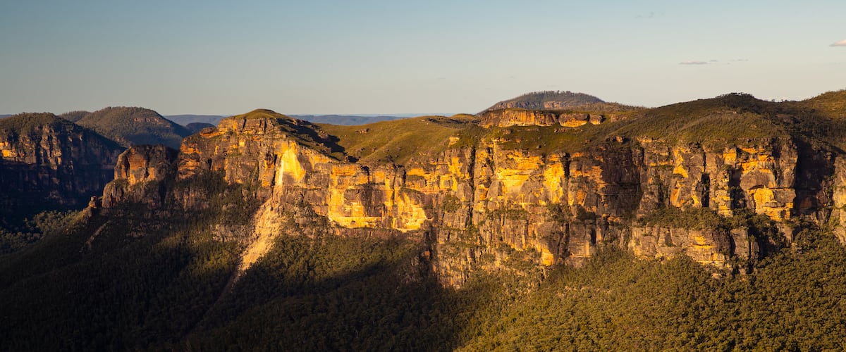 Blue Mountains National Park featuring landscape views, a sunset and a gorge or canyon