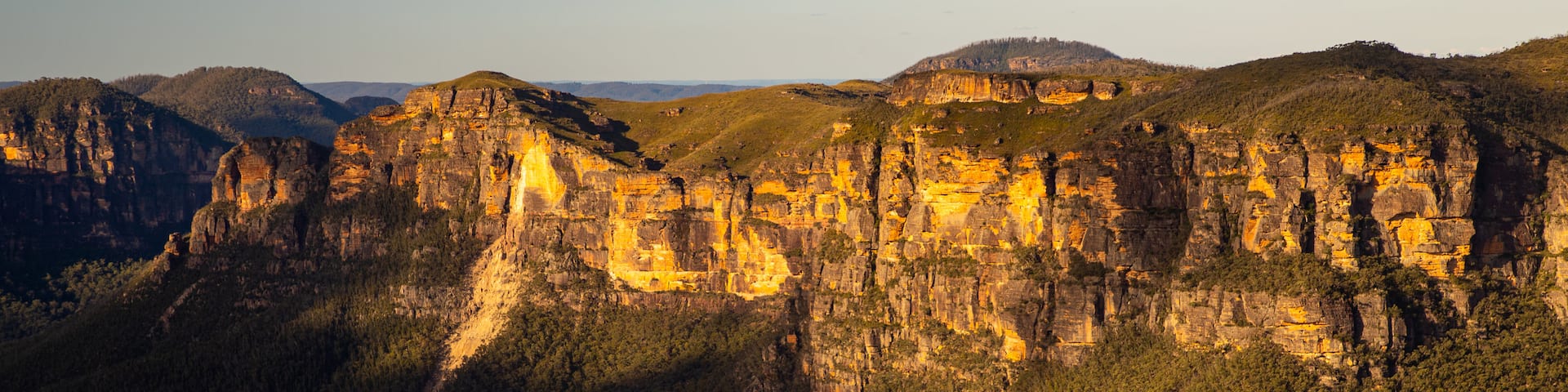 Blue Mountains National Park featuring landscape views, a sunset and a gorge or canyon