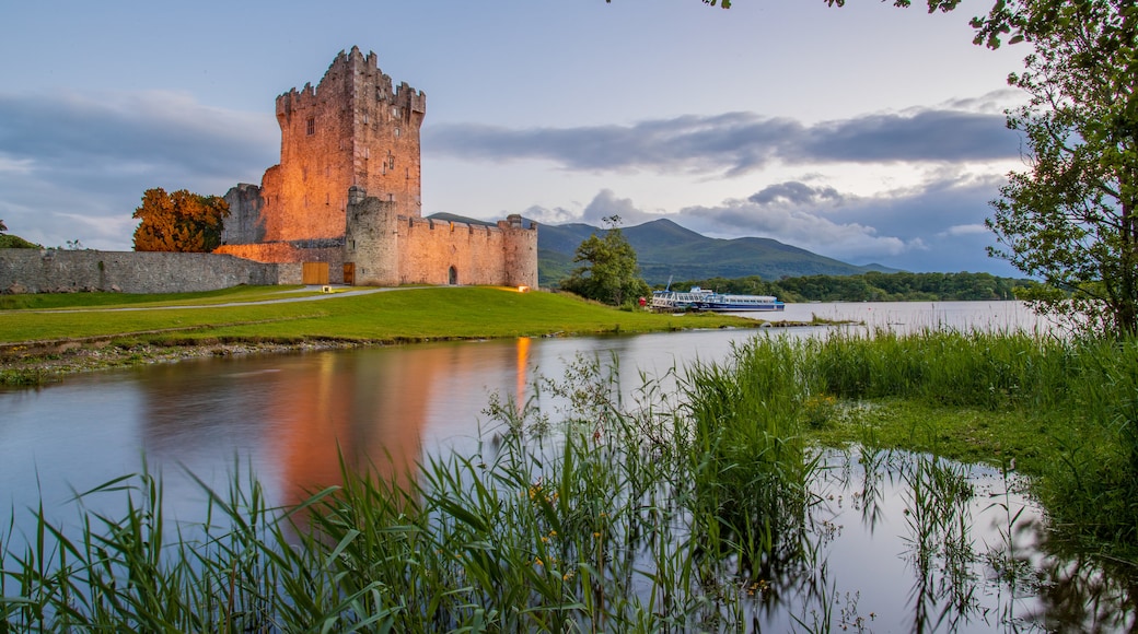 Ross Castle which includes a river or creek, chateau or palace and heritage architecture