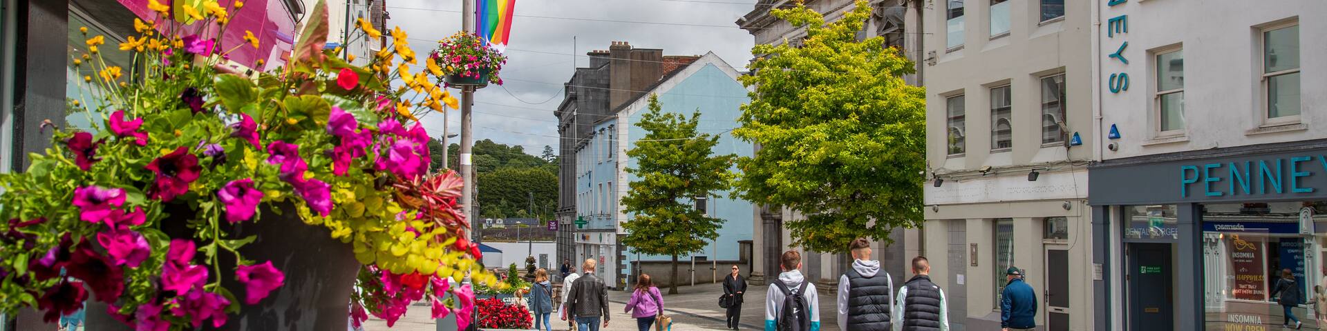 Holy Trinity Cathedral featuring flowers, street scenes and a city