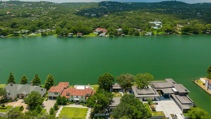Panoramic views of the Colorado River and surrounding area from Mount Bonnell in Austin, Texas.