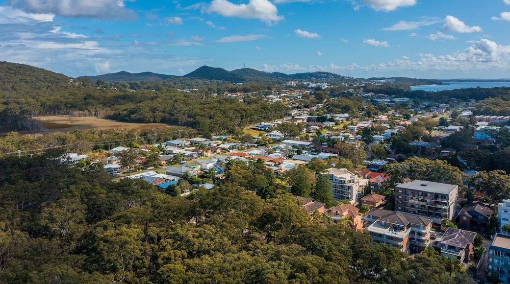 Shoal Bay showing landscape views and a small town or village