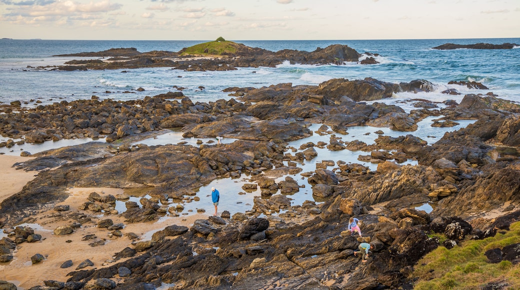 Sawtell which includes general coastal views and rocky coastline