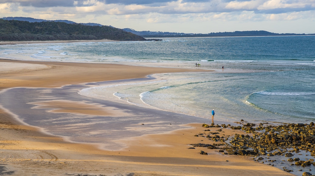 Sawtell which includes a sandy beach and general coastal views