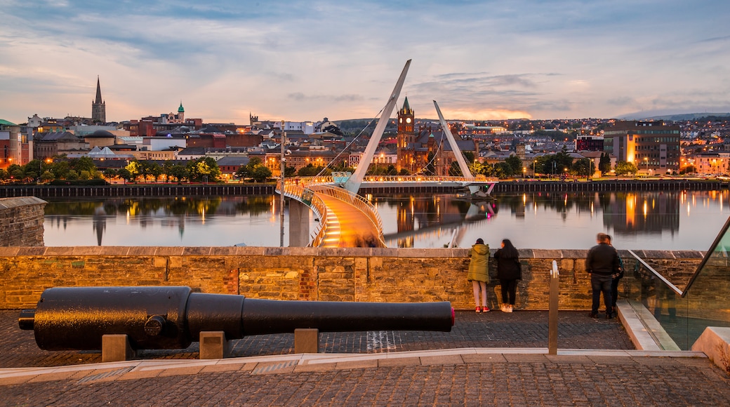 Peace Bridge showing a bridge, a river or creek and a sunset