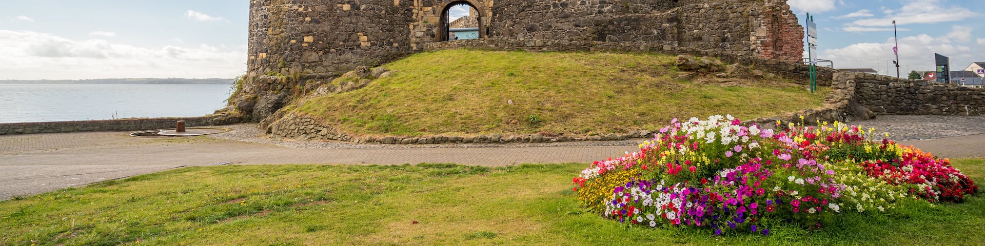 Carrickfergus Castle showing flowers, a castle and heritage architecture
