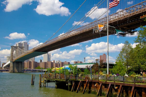 Parque de Brooklyn Bridge ofreciendo una ciudad, horizonte y un río o arroyo