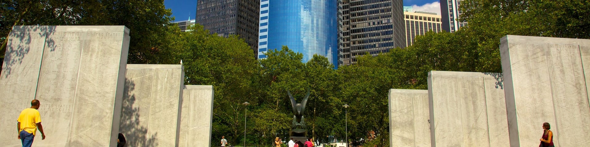 Battery Park which includes a square or plaza, a city and modern architecture