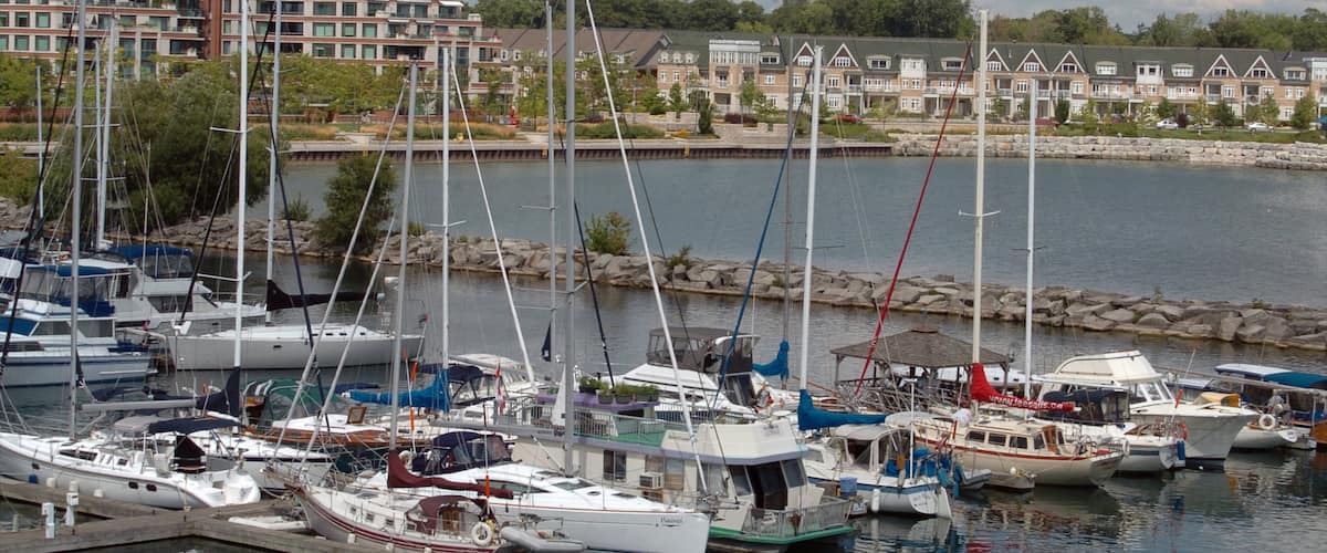 Port Credit showing a marina and a coastal town